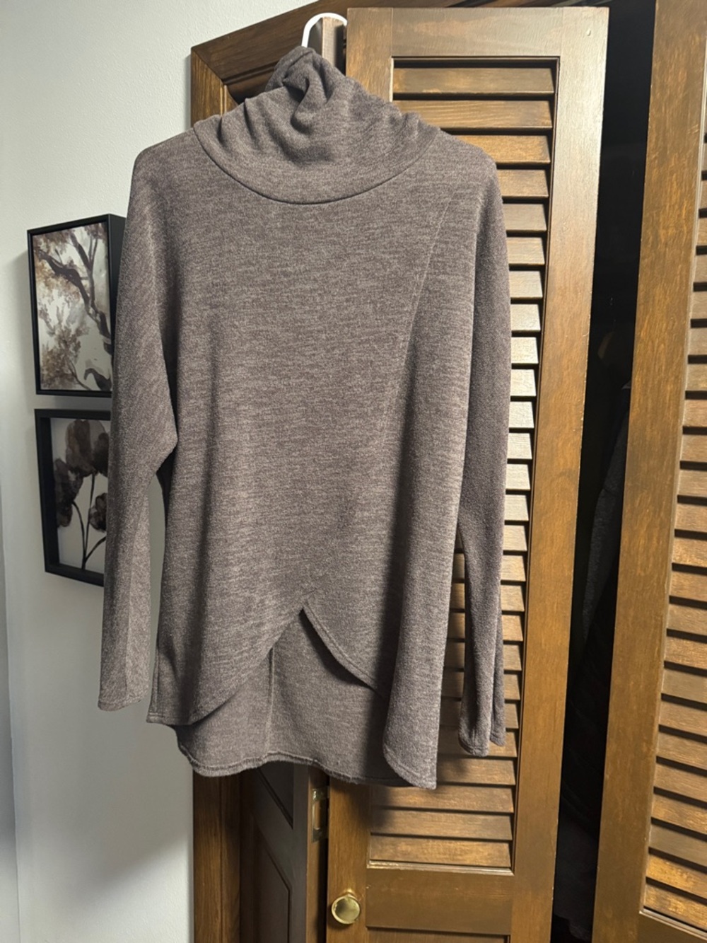 Women's Taupe Cowl Neck Layered-Hem Sweater